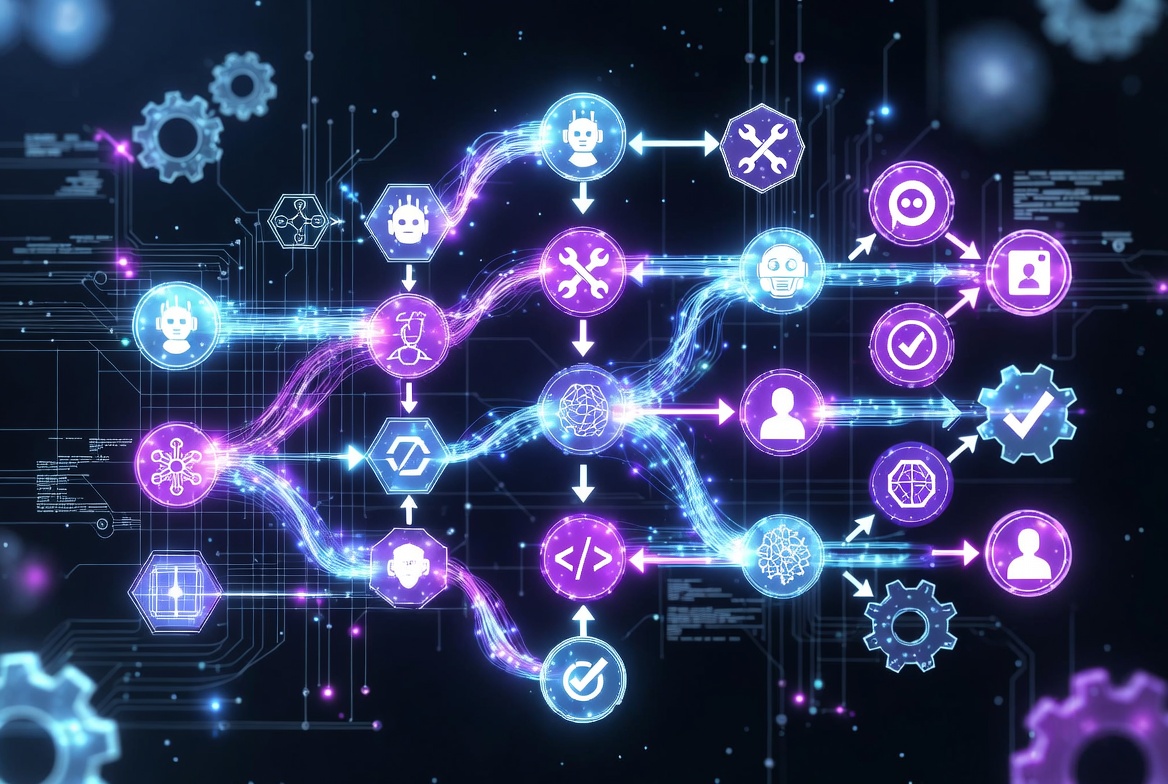 Arcwright agentic workflow — agents, validation gates, and decision graph nodes connected by glowing data flows
